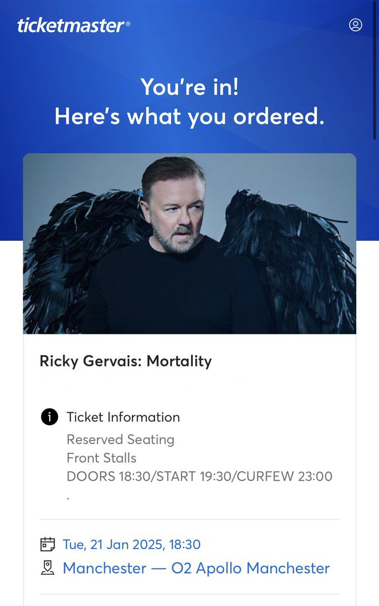 Gazzskel's tweet photo. See you Tuesday @rickygervais Chuck us a bottle of @DutchBarnVodka to the 3rd row if you want…….or a tin of lager will do 🤣😁 https://t.co/cFNmS4FreV