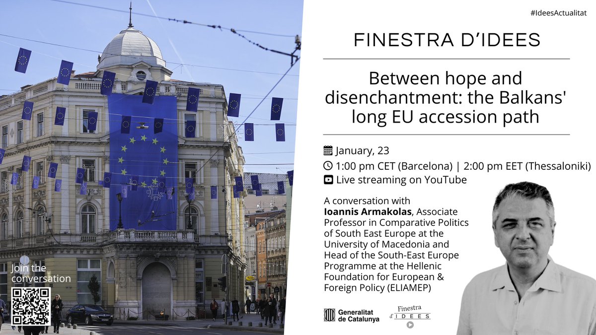 idees_cat's tweet photo. Between hope and disenchantment: the Balkans' long EU accession path

Next Thursday, January 23, join our online conversation with Ioannis Armakolas, Head of the @see_eliamep, to reflect on EU enlargement process in the Western Balkans

📺 Live streaming: https://t.co/4tRLvpQ3Oe https://t.co/9ig7R4zo9O
