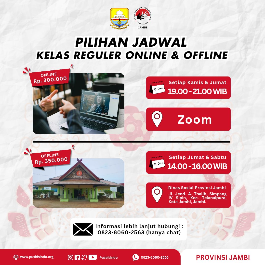 Pendaftaran kls bahasa isyarat level 1 area Jambi telah dibuka.

Utk pendaftaran kelas bahasa isyarat Jambi, dapat klik link : bit.ly/pusbisindojbi

Utk pendaftaran, pertanyaan/info lbih lanjut, bisa hubungi Pusbisindo Jambi via WA: wa.link/vypuk2

#kelasbahasaisyarat
