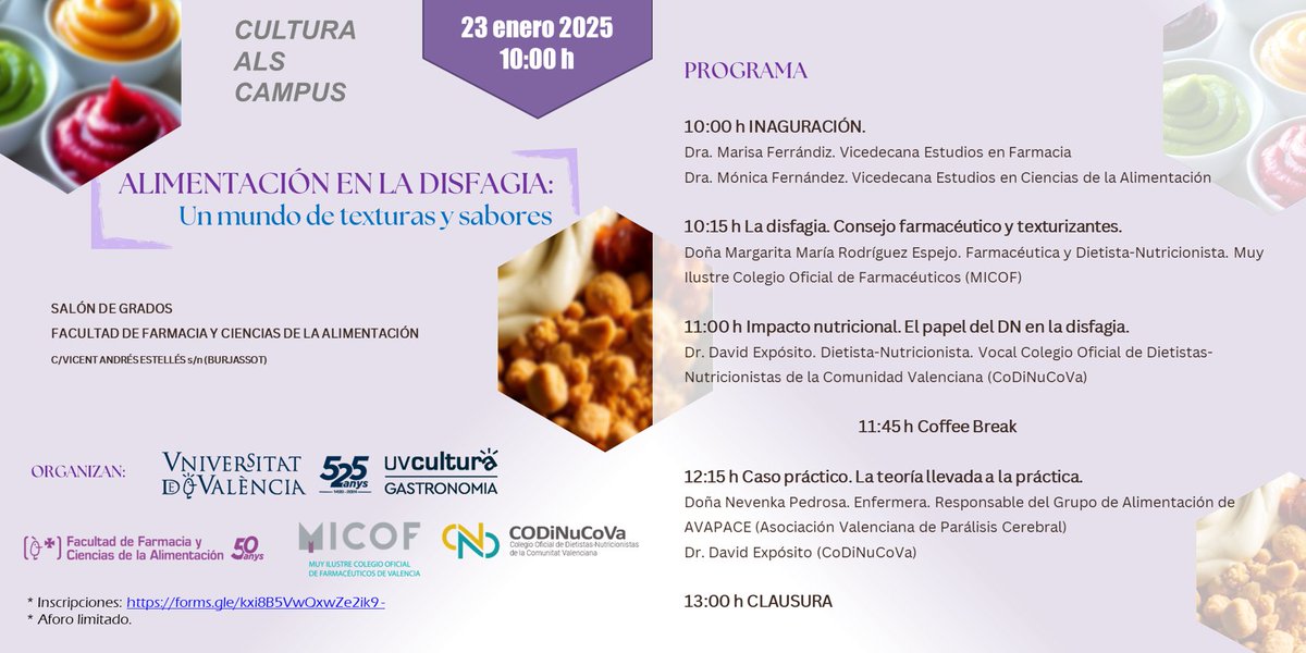 JORNADA ALIMENTACIÓN EN LA DISGAFIA
📅 23 de enero del 2025
📍 Facultad de Farmacia y Ciencias de la alimentación. Av. Vicent Andrés Estellés s/n. Burjassot. 46100 Valencia.
⌚ 10:00 h
➡ Inscripciones: forms.gle/ZkFd98X75Psskm… 
* Aforo limitado.