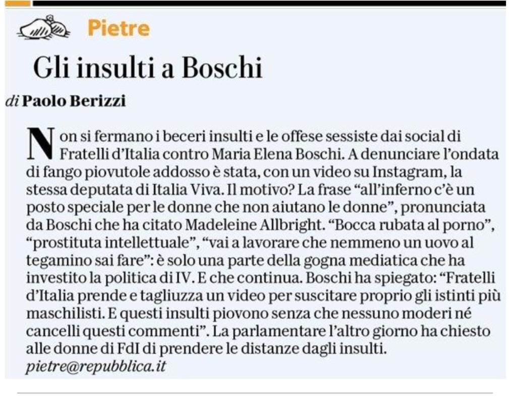 PBerizzi's tweet image. Usare l&apos;intervento di una parlamentare dell&apos;opposizione per esporla a una gogna social fatta di squallidi insulti sessisti: fatto. E le sorelle d&apos;Italia zitte. 

#Pietre
@repubblica