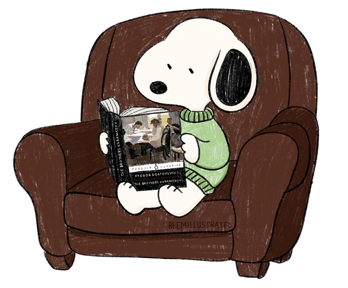 made a drawing of snoopy reading the brothers karamazov