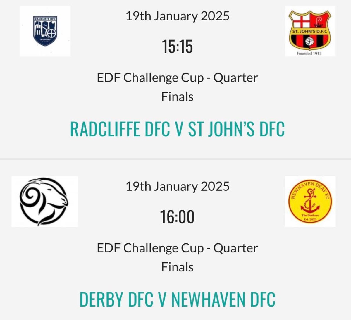 Coming up today on Sunday 19th January 2025 for the England Deaf Football Challenge Cup Quarter-Finals.

<a href="/deafsport/">UK Deaf Sport</a> #ChallengeCup #DeafFootball #Football