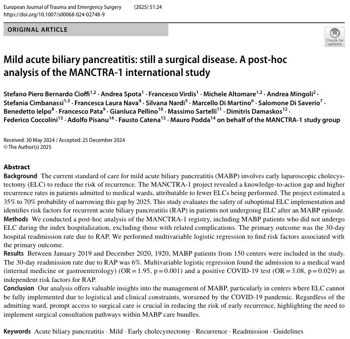 Biliary #pancreatitis is still a surgical disease. "Regardless of the admitting ward, prompt access to surgical care is crucial in reducing the risk of early recurrence[..]" we "need to implement surgical consultation pathways within MABP care bundles." 

link.springer.com/article/10.100…