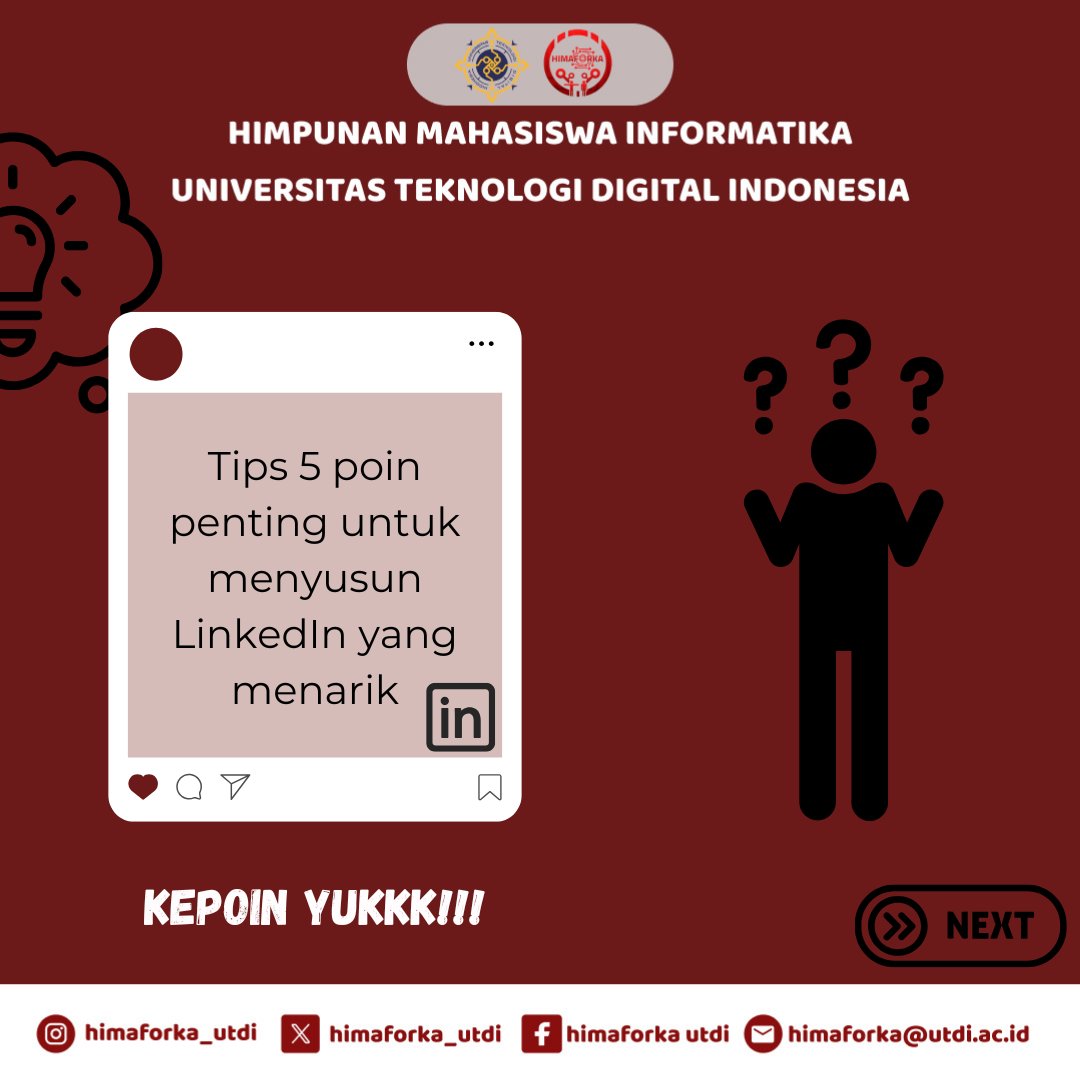himaforka_utdi's tweet image. Salam Informatika!
LinkedIn kamu masih terlihat biasa aja? 🤔
Kami punya 5 tips penting untuk bikin profilmu jadi lebih menarik dan profesional!
🔗 Kepoin sekarang, tingkatkan personal branding di dunia digital!
#HimaForkaUTDI #LinkedInTips #MahasiswaInformatika #himaforka