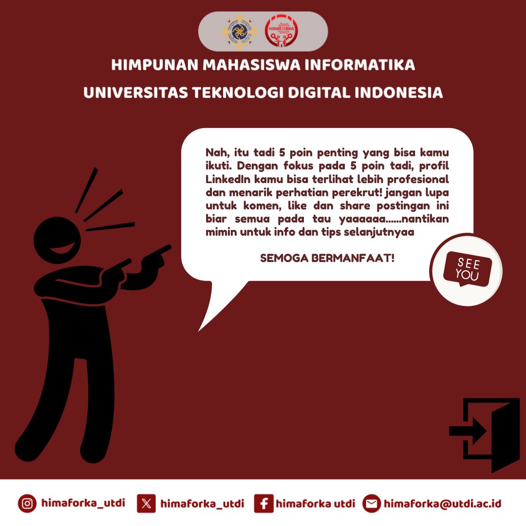 himaforka_utdi's tweet image. Salam Informatika!
LinkedIn kamu masih terlihat biasa aja? 🤔
Kami punya 5 tips penting untuk bikin profilmu jadi lebih menarik dan profesional!
🔗 Kepoin sekarang, tingkatkan personal branding di dunia digital!
#HimaForkaUTDI #LinkedInTips #MahasiswaInformatika #himaforka