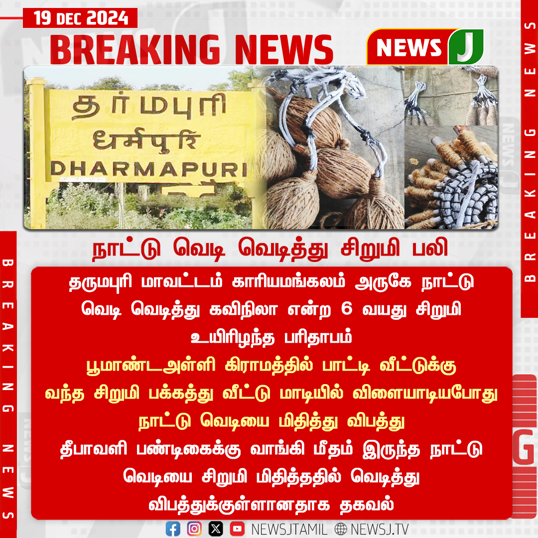NewsJTamil's tweet image. #BREAKING | நாட்டு வெடி வெடித்து சிறுமி பலி...
#Dharmapuri #BombExplosion #Child #NewsJ