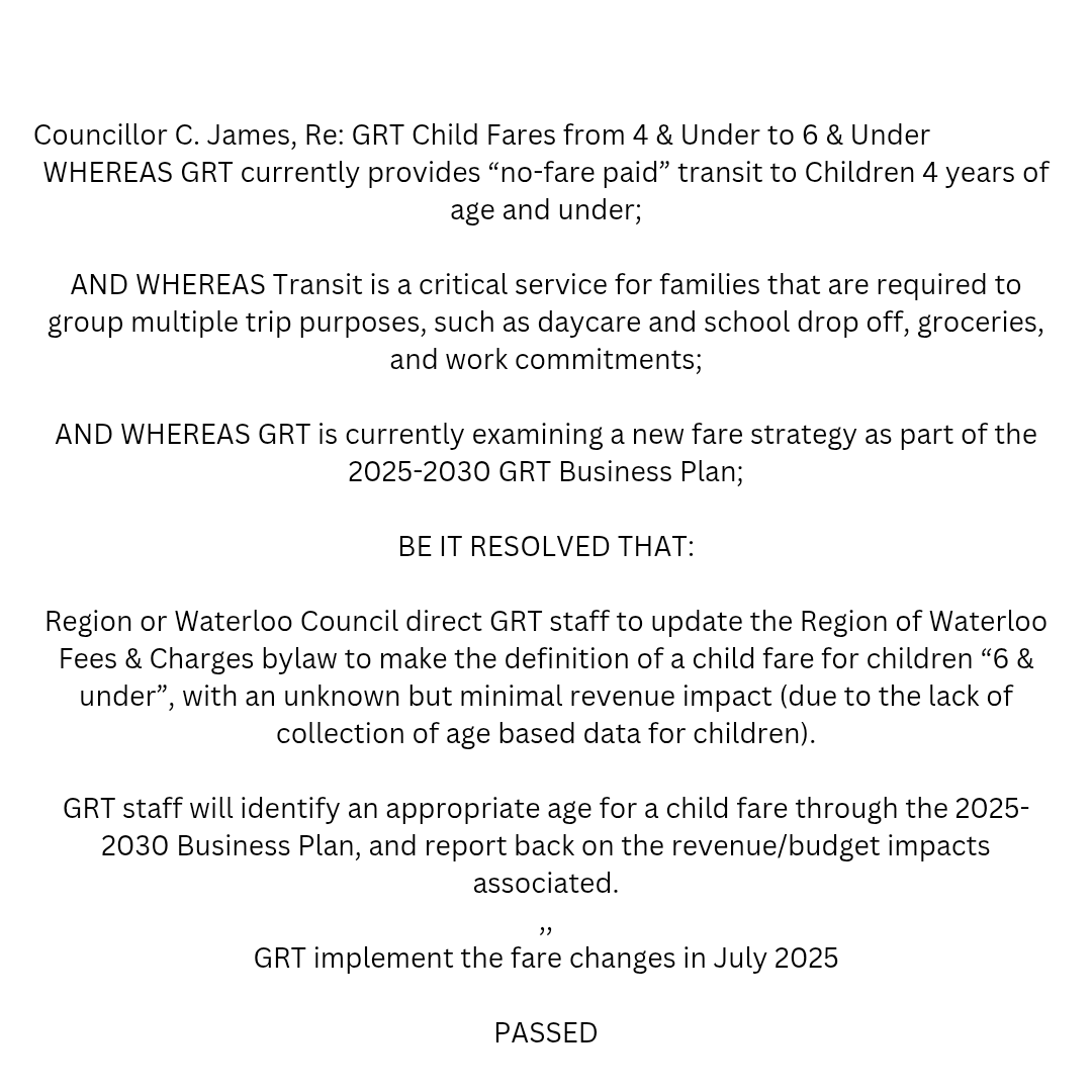 The community has long advocated for free transit for youth 12 and under, and I was proud to take action. During the budget, Council redefined "child's fare" from under 4 to under 6—a step toward affordable, inclusive transit.