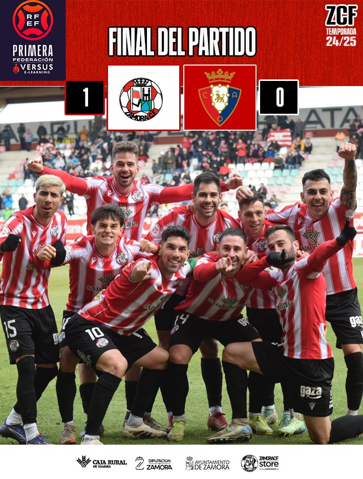 ZCFoficial's tweet photo. JORNADA 20⚽️| 

⏰ | 90’ |  FINAAAAL DEEEL PARTIDOO

@ZCFoficial 1 🆚 0 @Osasuna_Tajonar 

💥 Primera Federación

🏟 Ruta de la Plata 

#VamosMiZamora https://t.co/28nxstG0li