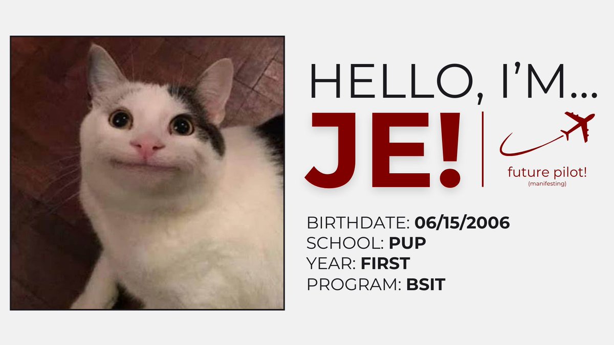 i'm new here pls be nice to me... 🥺🙏

hello! i'm je!

about me:
- 18, he/him 
- pup, bsit
- future pilot! (pls pls pls pls)
- filo | eng
- i love cats and planes

i'm hoping to find IT moots and ppl who love planes and cats hehehe

 #studytwtph #studytwt