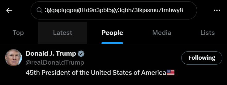 Can anyone explain to me why the CA for $47th link's directly to <a href="/realDonaldTrump/">Donald J. Trump</a> 's X profile. No other contract does this unless it's in the bio.

Doesn't hurt to have exposure rn

3GQaPLQQpEGtftd9n3pbL5Gy3qbH73LkJaSmu7FMhwY8