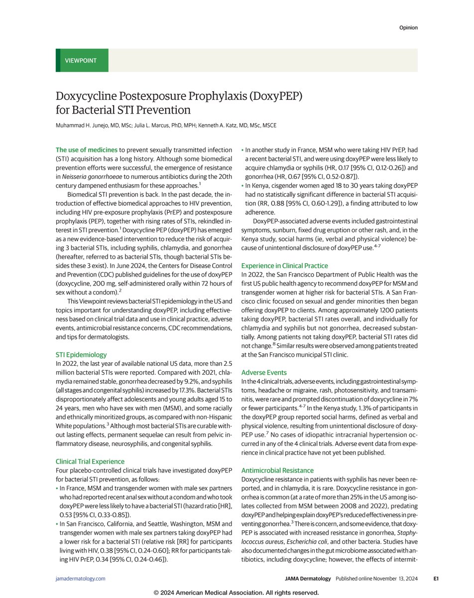 Viewpoint: Doxycycline PEP (doxyPEP) is a new evidence-based intervention to reduce the risk of acquiring bacterial STIs, but dermatologists should be aware of CDC recommendations, potential adverse events, and antimicrobial resistance concerns. ja.ma/3CmWXOu