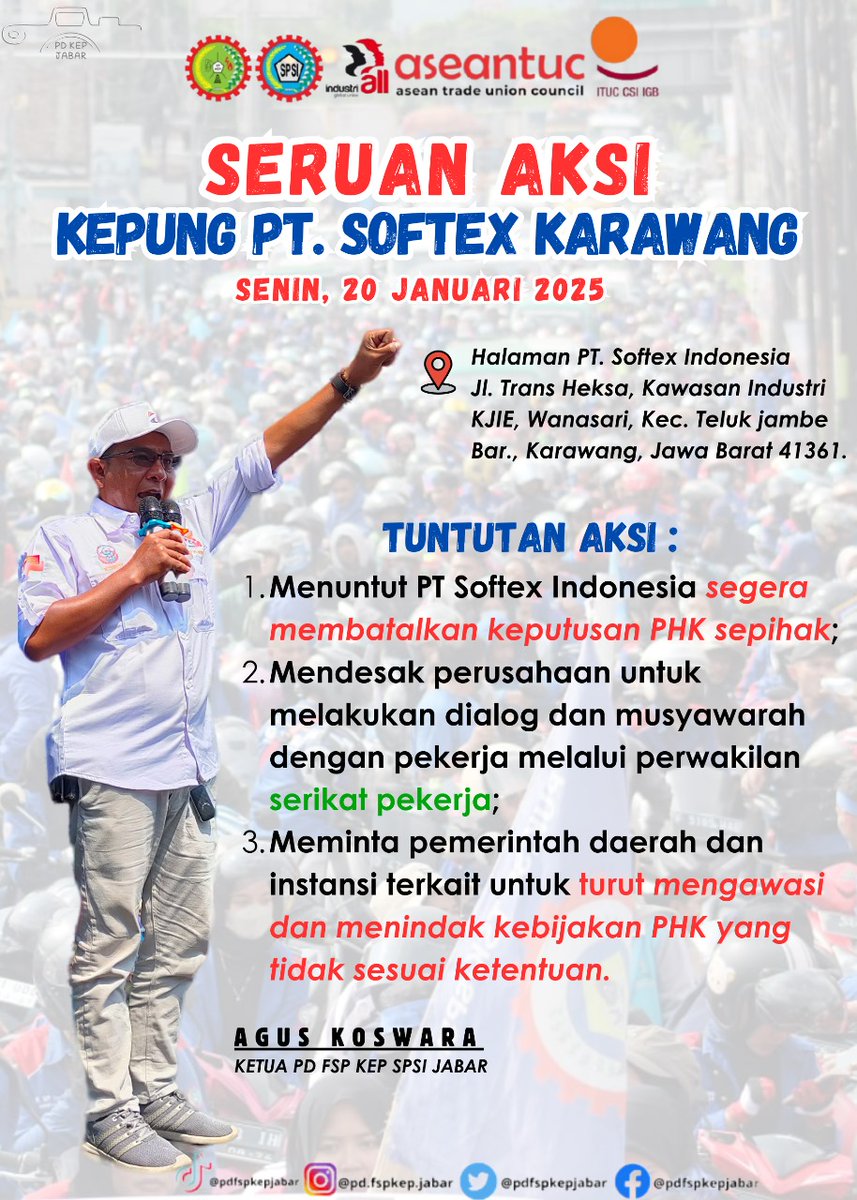 kang_bajigurrr's tweet photo. Seruan Akasi Damai, karyawan PT Softex Indonesia akan melakukan aksi pd hari senin 20 Januari. Aksi damai tersebut akan dihadiri 308 karyawan terdampak, diperkirakan akan hadir ribuan karyawan / buruh yg tergabung dalam SPSI sbg bentuk solideritas.
#softex
#karawang
#PHK
#buruh https://t.co/KVzIXuHit4