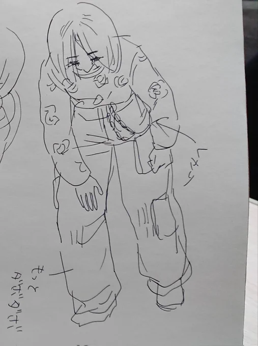 今日子どもが試着した、赤いダッボダボなパンツと薔薇模様の服。却下!娘に描いて説明したその時の様子。 