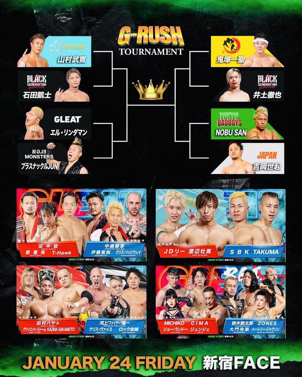 GLEAT0701's tweet image. ＼🔥#GLEAT対戦カード🔥／

【1.24新宿 全対戦カード11試合発表💥】

📅1.24(金)開場17:40 開始18:30
🏟️新宿FACE
G-RUSH
ent.lidet.co.jp/event/detail.p…

🎫前売券販売は1/23(木)22時まで‼︎
l-tike.com/sports/GLEAT/
w.pia.jp/t/gleat/
eplus.jp/gleat/

#XXSTYLE #Evo_pw 
#GRUSH #GPRO