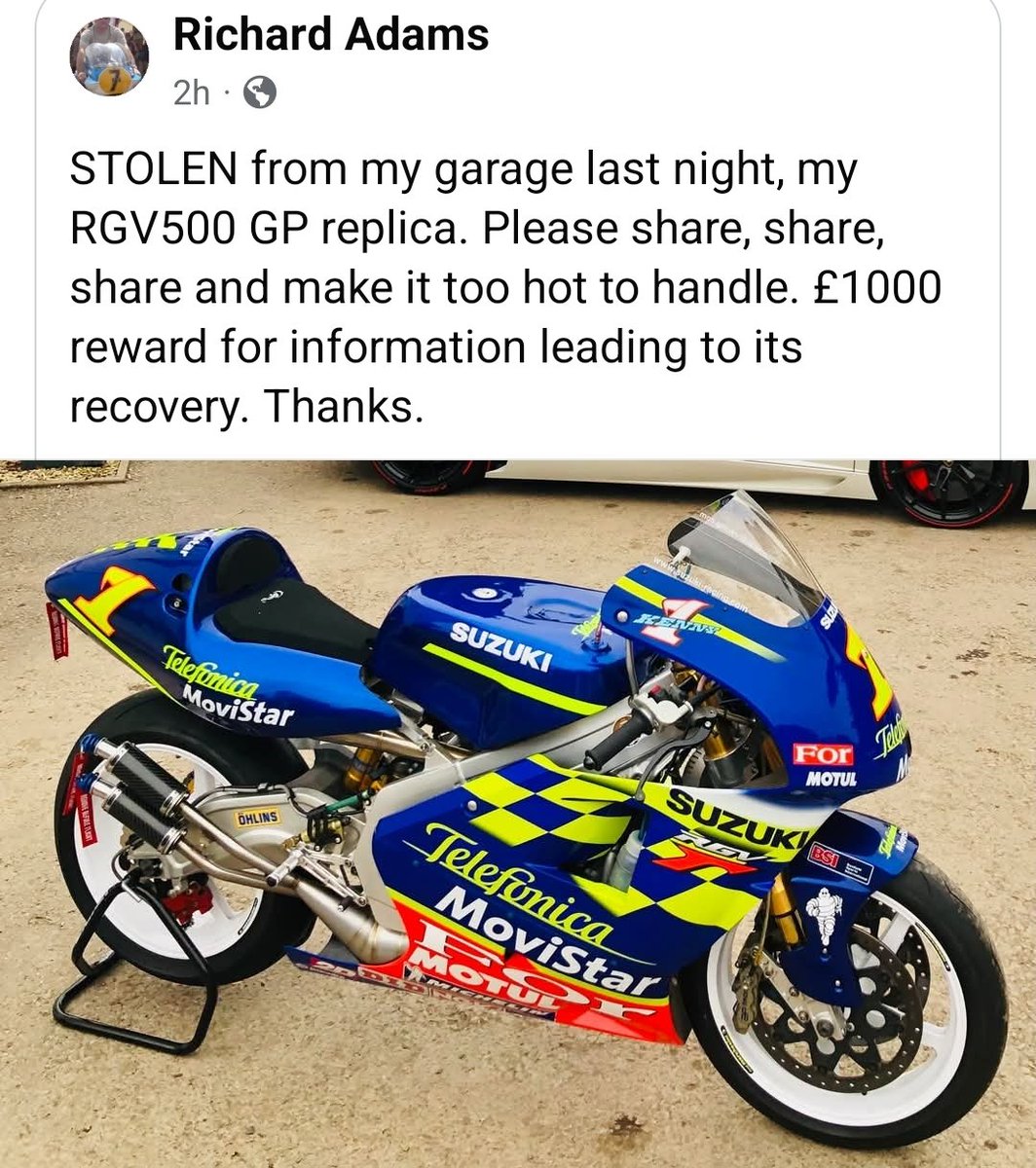 Oh no! 🚨STOLEN Suzuki RGV500 replica 🚨

Let's get this absolute gem back!