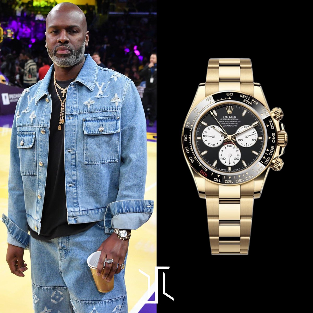LuxuryShots1's tweet photo. #CoreyGamble is wearing the new out-of-catalogue #Rolex Daytona Ref. 126528LN ‘Le Mans’ in 18k yellow gold. A timepiece that was made to celebrate Le Mans's 100th anniversary.
Retail Price : $47,500
Market Price : $300,000 
#lemans https://t.co/0HUf6bfjPm