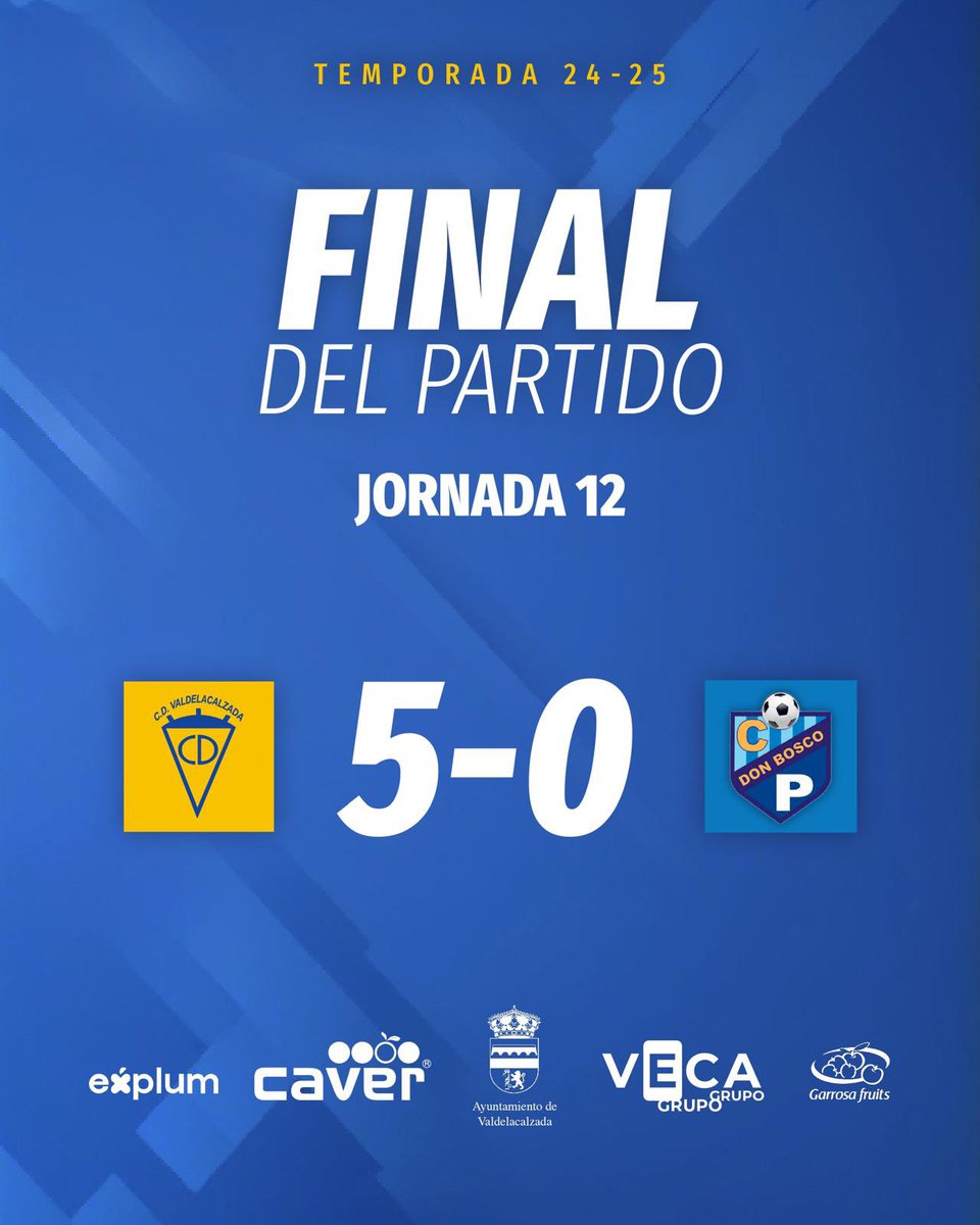CDValdelacalzad's tweet photo. 𝗙𝗜𝗡𝗔𝗟 𝗗𝗘𝗟 𝗣𝗔𝗥𝗧𝗜𝗗𝗢 | 5-0

✅ Victoria contundente del equipo para empezar el año de la mejor manera.

⚽️ Óscar
⚽️⚽️ Alemi
⚽️ José Guillén
⚽️ Sergio

¡Partidazo, equipo!

#CDVDonBosco #LaVaraSí https://t.co/ZSU4QArPcZ