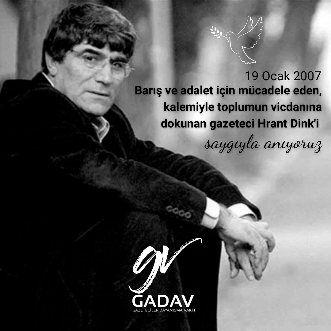 Hrant Dink; bu karanlığı sorgulayan, kalemini adalet, barış ve halkların kardeşliği için kullanan cesur bir gazeteciydi.

🕊️Unutmadık, unutturmayacağız. Saygıyla anıyoruz... 

#GADAV #GazetecilerDayanışmaVakfı #HrantDink