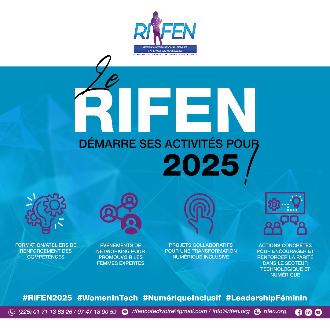 Rifen_CI's tweet photo. Démarrage des activités 2025
✅ Ateliers interactifs
✅ Événements de networking pour promouvoir les femmes expertes
✅ Projets collaboratifs pour une transformation numérique inclusive
✅ Actions pour renforcer la parité dans le numérique
Suivez-nous sur https://t.co/B3r6HSJeOs https://t.co/4kWKYX5gV6