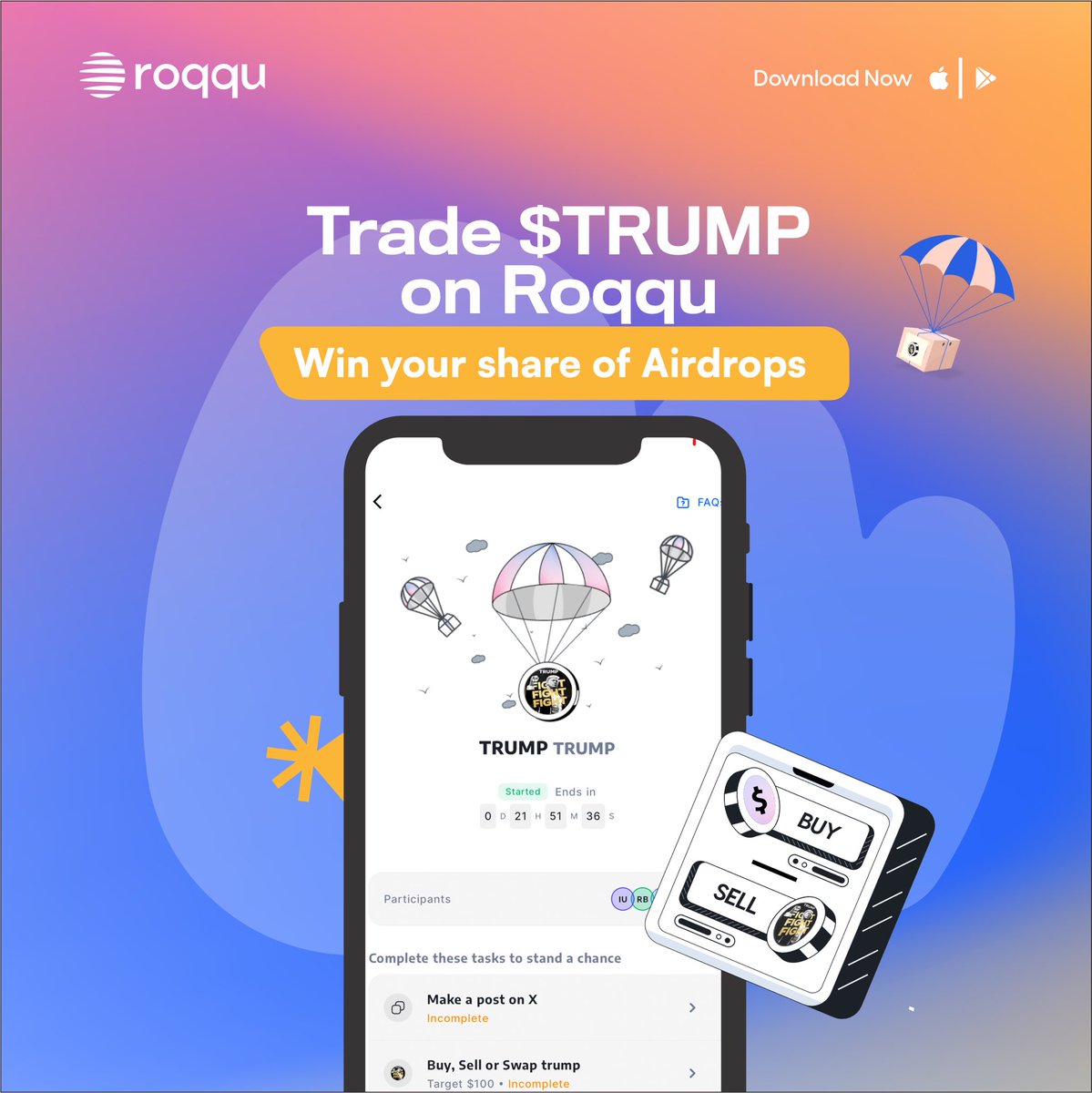 Trump airdrop now Live on Roqqu for 24 hours 🚀🚀 Hurry now! Download the  Roqqu App, login and complete the tasks ✓ The more your trades, the more  your chances of climbing