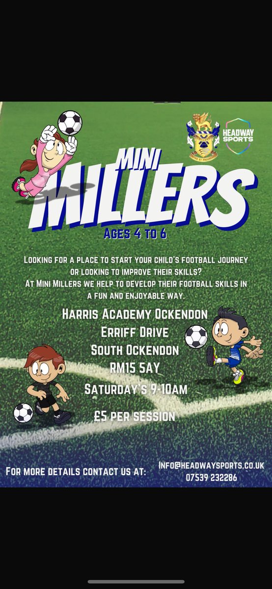 HeadwaySports's tweet photo. Start your child’s football journey here at Mini Millers⚽️ 

Join us every Saturday 9-10 at RM15 5AY for a fun enjoyable way for your child to learn football 🏆 https://t.co/ShUEJ9IrwM