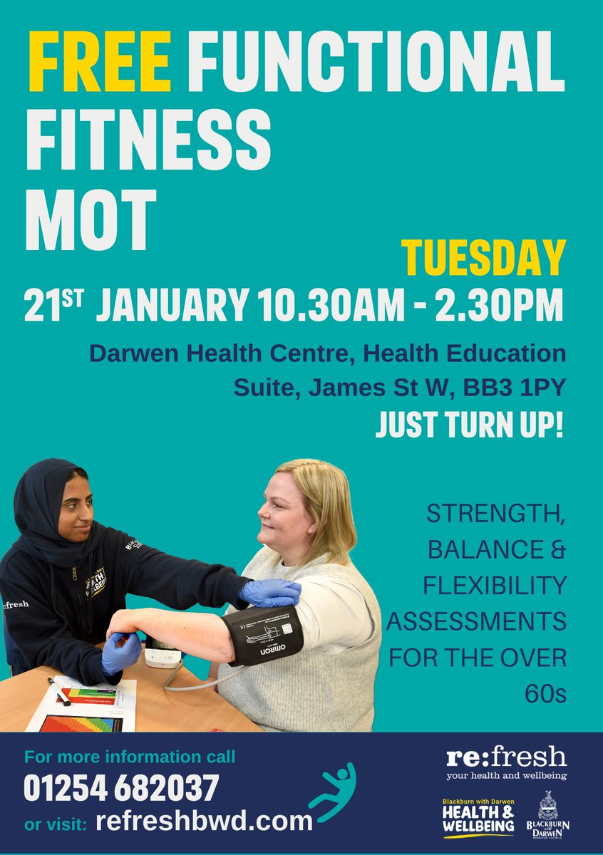 As part of Active Winter we are delivering a FREE Functional Fitness MOT
If you are 60 or over or know someone who is that would benefit from a Strength, Balance or Flexibility assessment, come along!
📅21/01/25 10:30am-2:30pm
Darwen Health Centre, Health Education Suite, BB31PY
