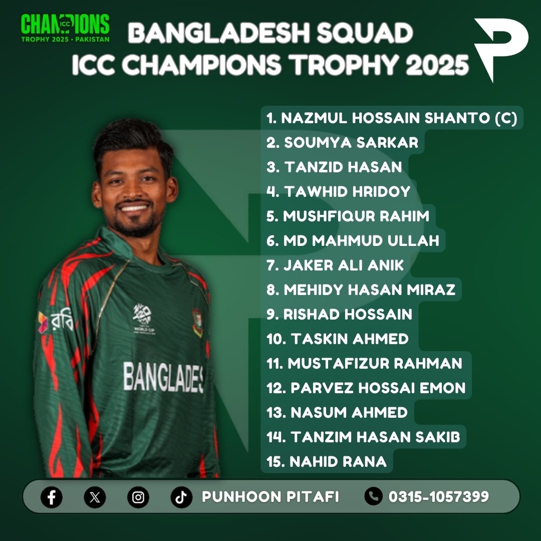 Punhoon_pitafi's tweet photo. 🏆 Champions Trophy 2025 🏏

Bangladesh Squad Announced! 🇧🇩

🌟 Tigers are ready to roar on the global stage!
🔥 Can Bangladesh create history and win the trophy this time?
👇 Who’s your favorite Bangladeshi player? Comment below!

#ChampionsTrophy2025 #RiseOfTheTigers #TikTok https://t.co/zTm8DvoDzr