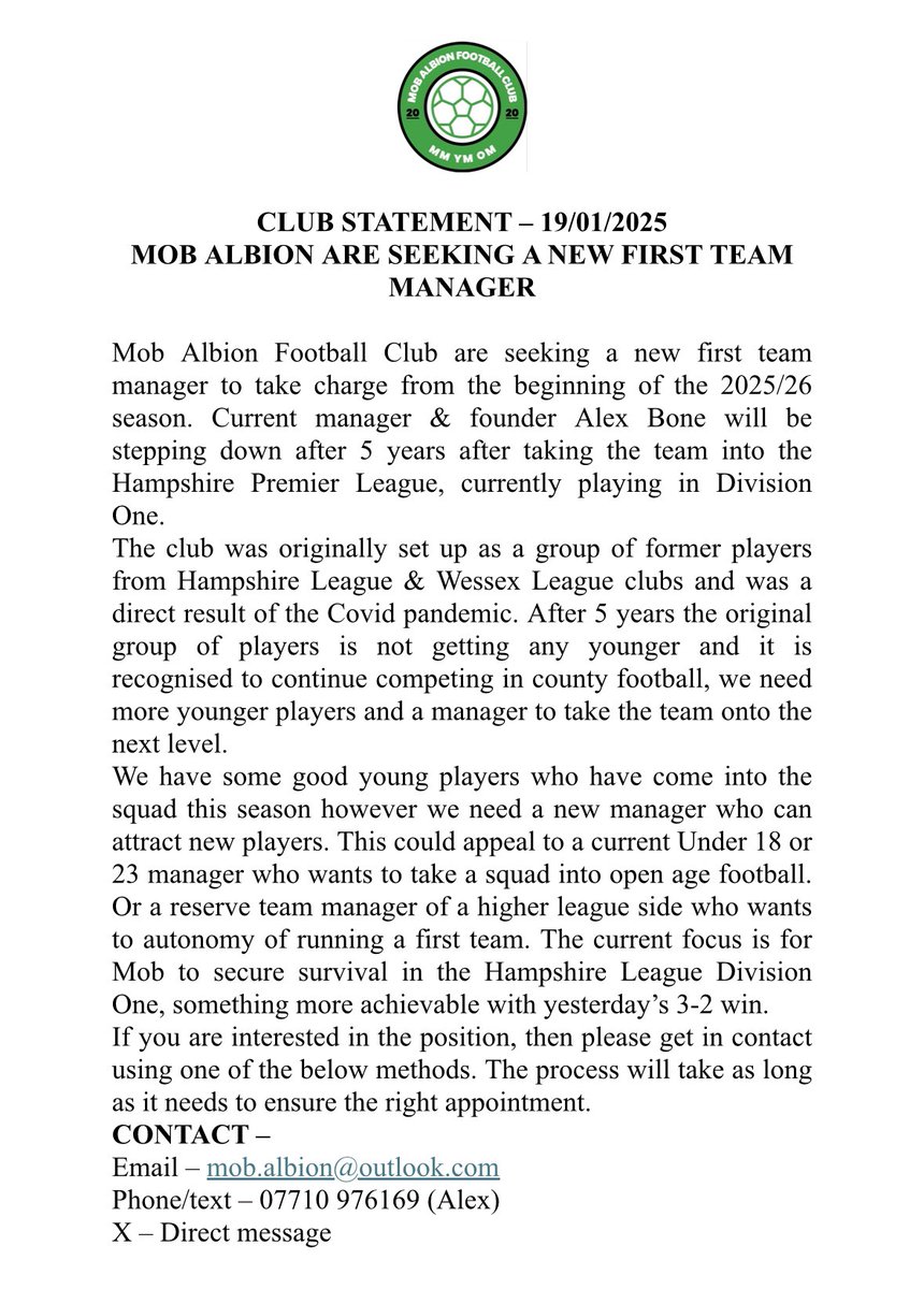 CLUB ANNOUNCEMENT - Mob Albion seeking new first team manager.