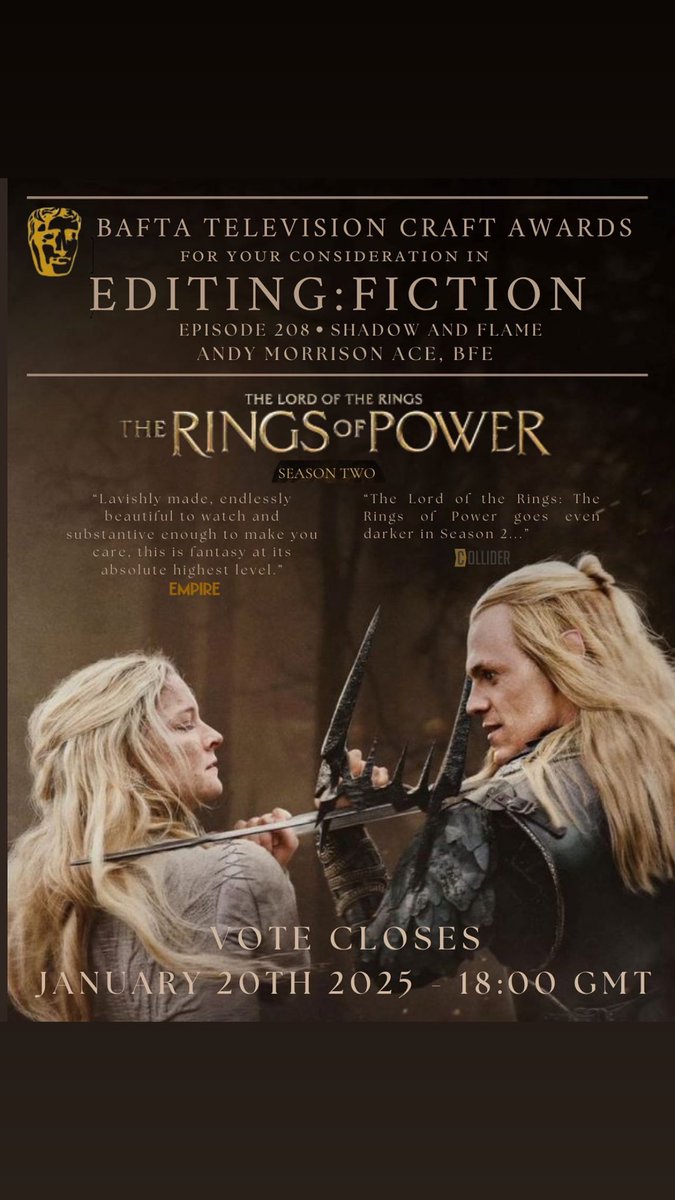 andyfilmeditor's tweet photo. I loved cutting Rings Of Power Season Two. It’s up for BAFTA TV CRAFT episode 8 for fiction: editing and BAFTA TV International. The vote closes at 18.00 GMT Monday 20th January! Please vote if you liked! #RingsOfPower Brilliantly directed by @CBrandstrom https://t.co/2ZsFimlWyp