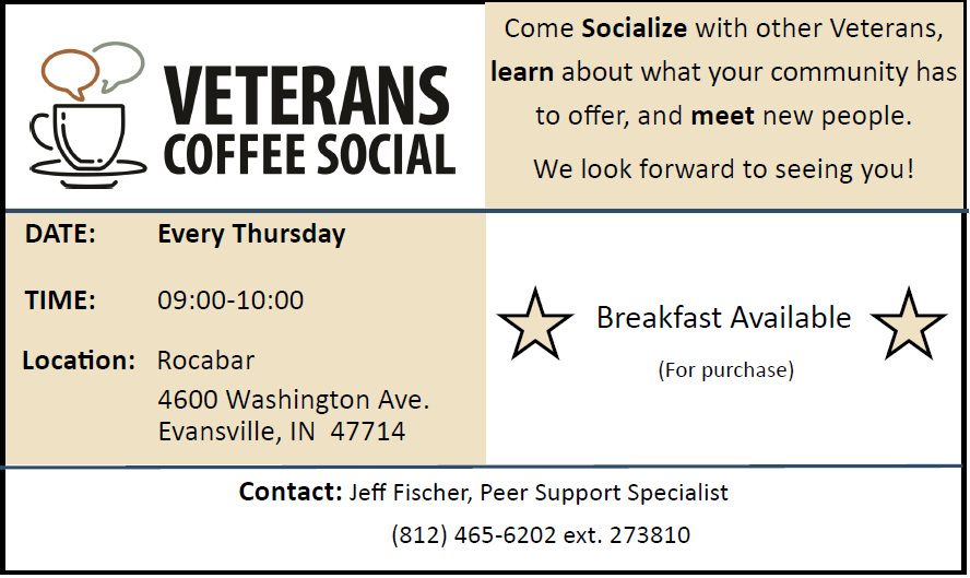 Beginning January 25th, peer support specialist, Jeffery Fisher, will be hosting coffee socials for the Veterans in our Evansville, Indiana area. Please reach out to him for details at (812) 465-6202 ext. 273810.

#Coffee #Veterans #Evansville