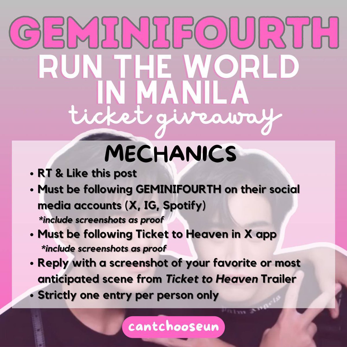 GIVEAWAY ✨

I'm giving away one (1) watch only ticket for GEMINIFOURTH #GFRunTheWorldinManila 🩷🩶

Mechanics on the second photo 😉

Ends tomorrow, January 20, 2025. Good luck, Khun Noos! 🥰

#GFRunTheWorldinManila
#GeminiFourth #เจมีไนน์โฟร์ท