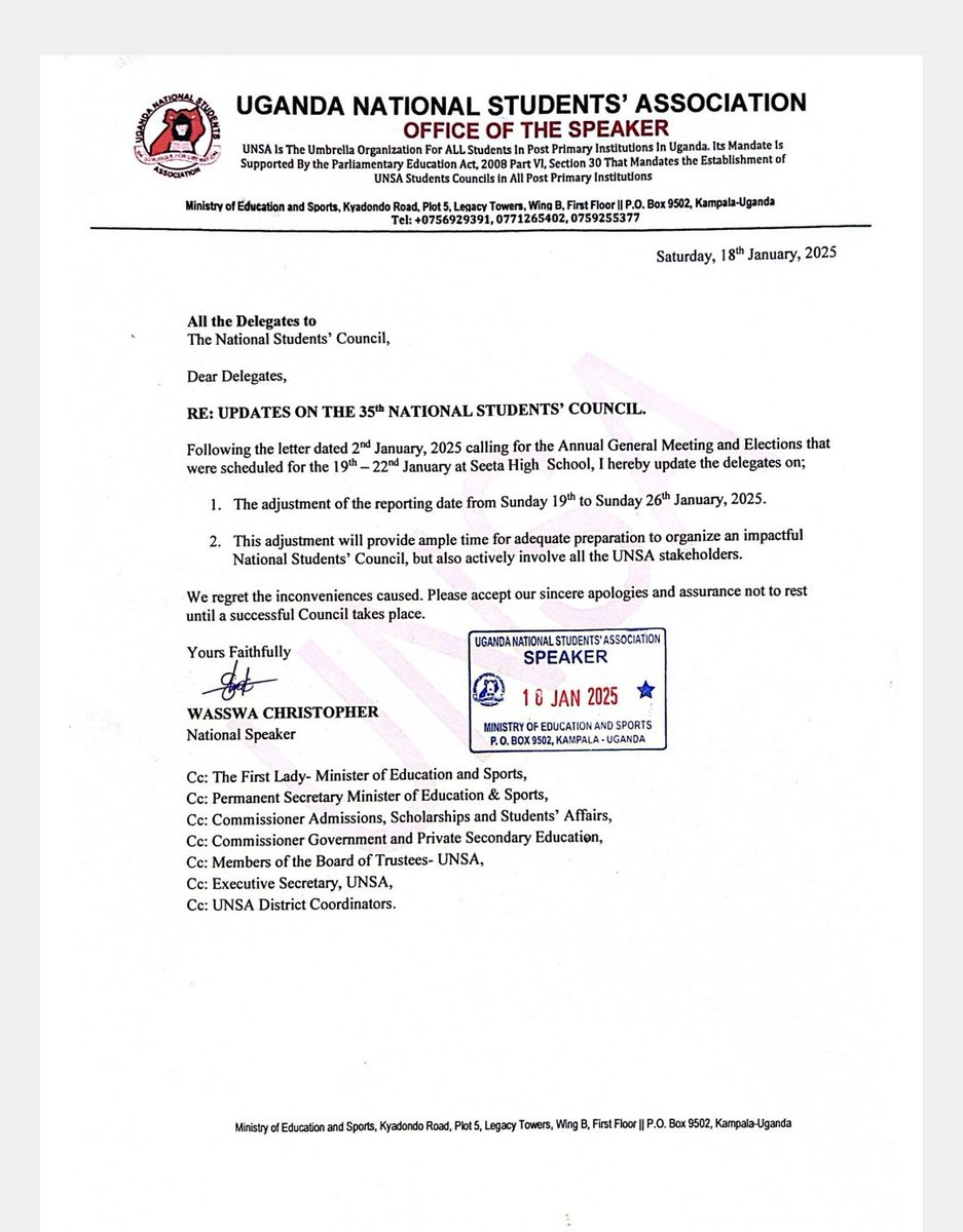 Dear Delegates. We would like to update you as in the letter below. We are committed to ensuring that council happens on the dates indicated in the letter. Council will be opened by <a href="/AnitahAmong/">Anita Annet Among</a> and <a href="/Mukulaa/">Mukula</a> will be physical present with us. <a href="/KagutaMuseveni/">Yoweri K Museveni</a> is expected.