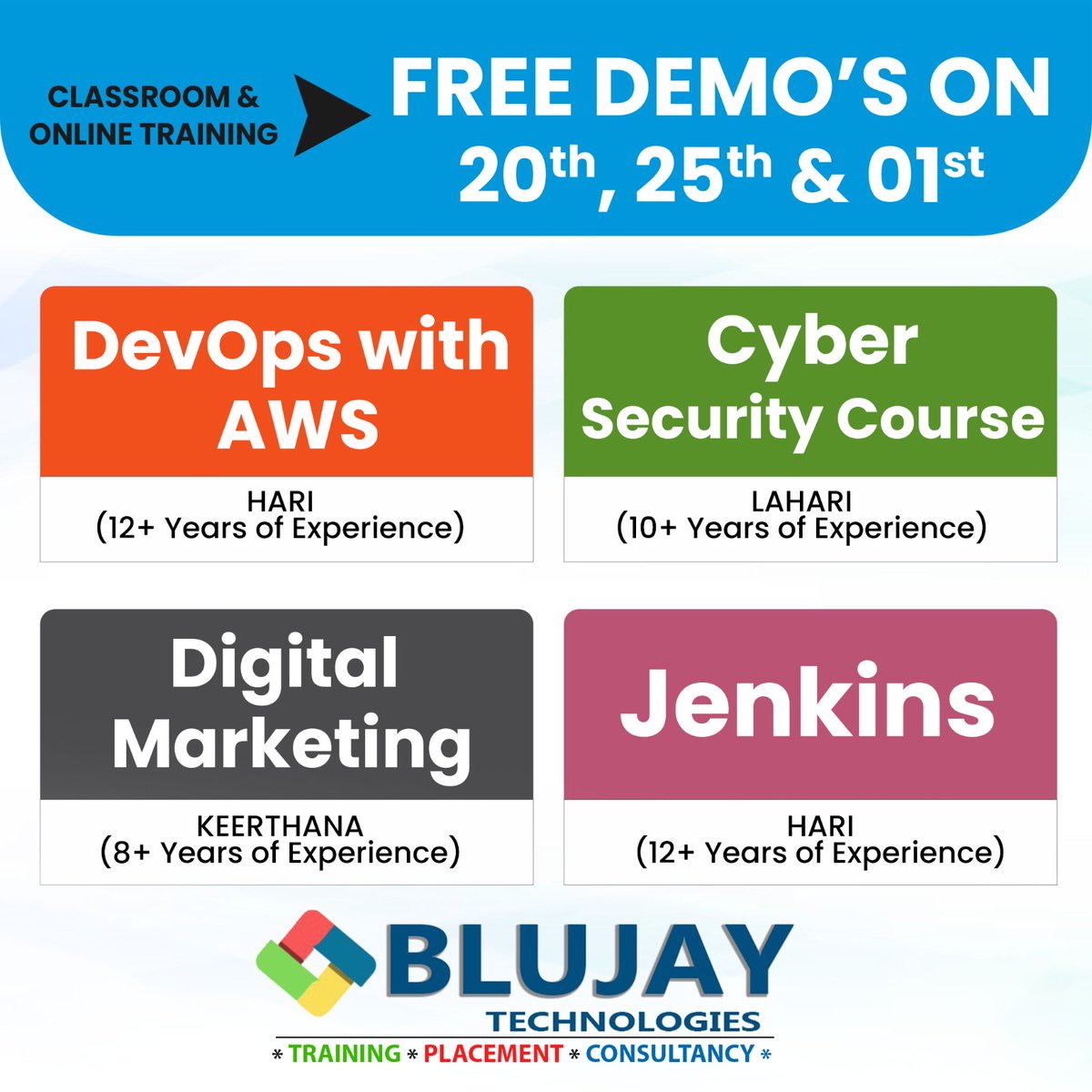 BlujayIT's tweet image. Free Demo Sessions by BluJay Technologies!
#BluJayTechnologies #FreeDemo #DevOpsWithAWS #CyberSecurity #DigitalMarketing #Jenkins #TechTraining #AWS #Upskill #CareerGrowth #TechOpportunities #LearnTech #TechEducation #FreeTraining #InnovateWithBluJay #TechSkills #TechCommunity