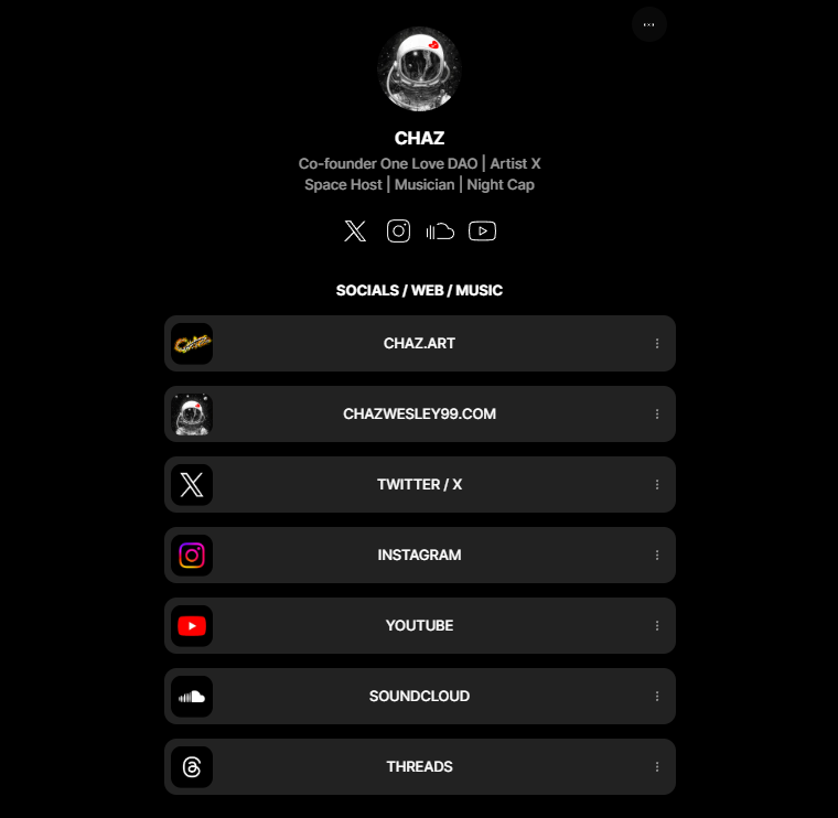 🔥 I Finally Created a Linktree 🔥

I also included links to <a href="/chazitili/">CHAZITILI</a> &amp; <a href="/OneLoveArtDAO/">One Love Art DAO</a> 
 
👇 Check it out here 👇
linktr.ee/chazwesley99