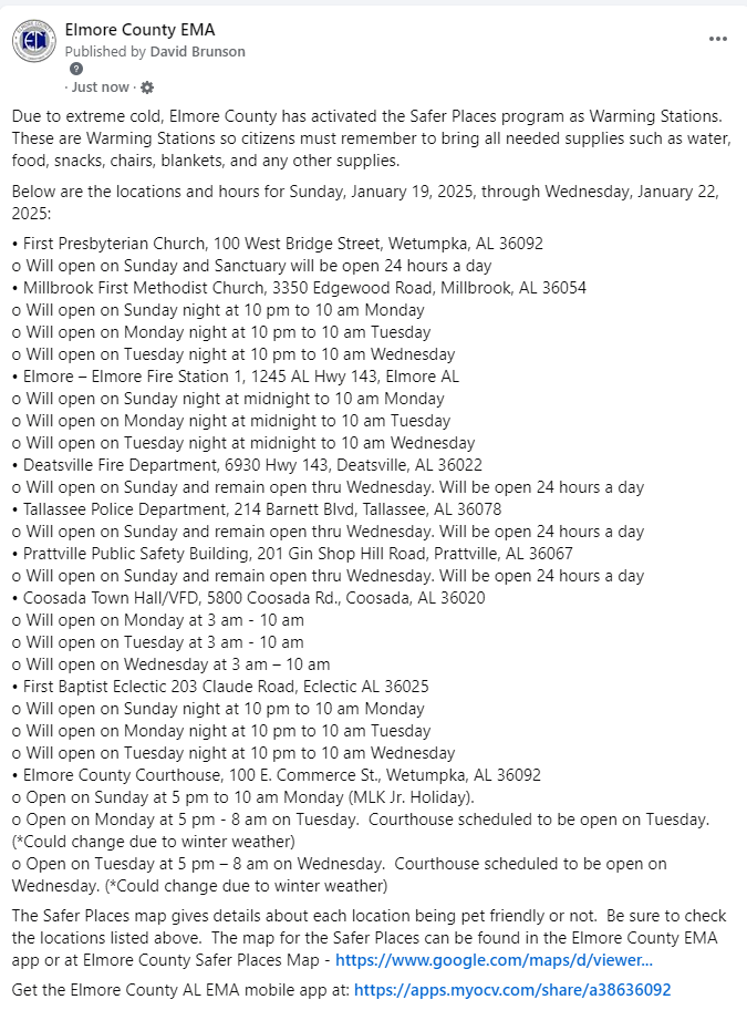 ElmoreCoEMA2's tweet photo. Elmore County Warming Stations for Sunday-Wednesday https://t.co/zry78Y4nUR