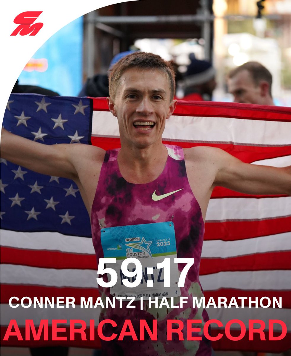 PHOTO FINISH AND HISTORY IS MADE 🇺🇸
 
Conner Mantz battles Addisu Gobena to the line in a hard final sprint at the 2025 Houston Half Marathon, finishing second and shattering Ryan Hall’s 18-year-old American record by 26 seconds with an incredible 59:17 run.
