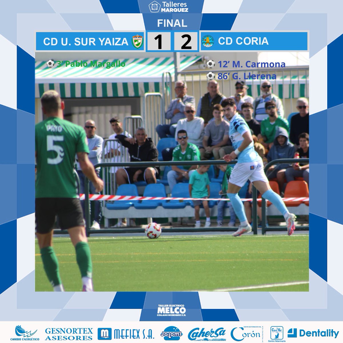 🔚| FINAL EL YAIZA (Lanzarote)
🔷| Jornada 19ª | <a href="/segundarfefinfo/">Segunda Federación / RFEF Info</a> 
<a href="/unionsuryaiza/">C.D. Union Sur Yaiza</a> 1-2 <a href="/CDCORIA/">Club Deportivo Coria</a> 
⚽️ 3’ <a href="/pablomargallo14/">Pablo Margallo Lozano</a> 1-0
⚽️ 12’ M. Carmona 1-1
⚽️ 86’ G. Llerena 1-2