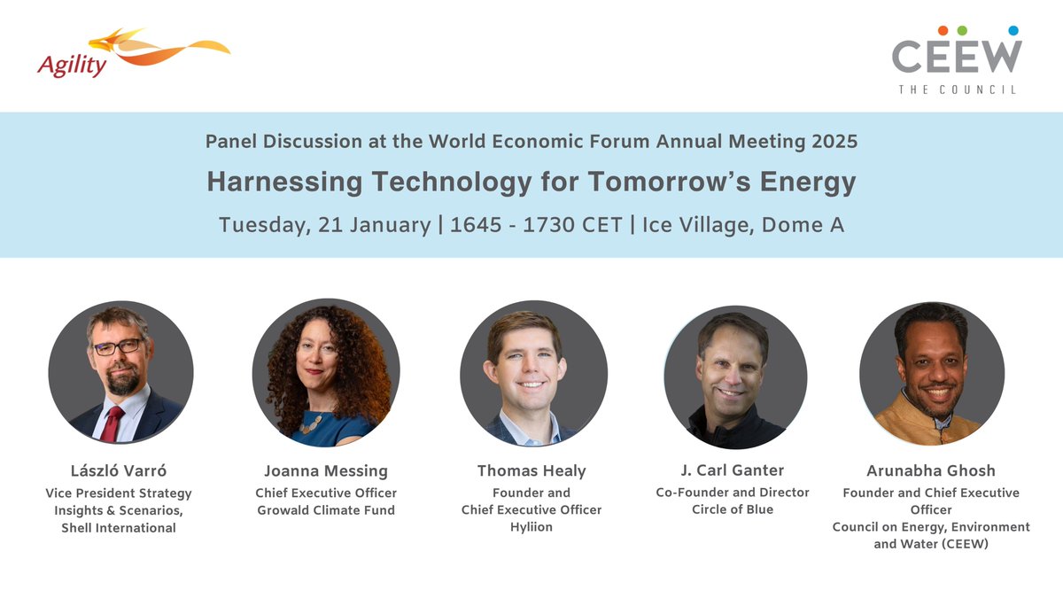CEEWIndia's tweet photo. 📢 #CEEWEvents #WEF2025 | Harnessing Technology for Tomorrow’s Energy
Join us @wef for an insightful discussion on leveraging technology to drive the low-carbon energy transition! Organised in partnership with @Agility and WEF’s Centre for Energy and Materials, we'll explore innovative solutions and actionable pathways that address the critical energy-water-food nexus, scalability, and reliability of future energy systems.
📅 Tuesday, 21 January | 16:45 - 17:30 CET
📍 Ice Village, Dome A
🔗 If you're in Davos, register at https://t.co/3Fiym2juzz
@Shell @GrowaldCF @realthomashealy @Hyliion @jcganter @circleofblue @GhoshArunabha