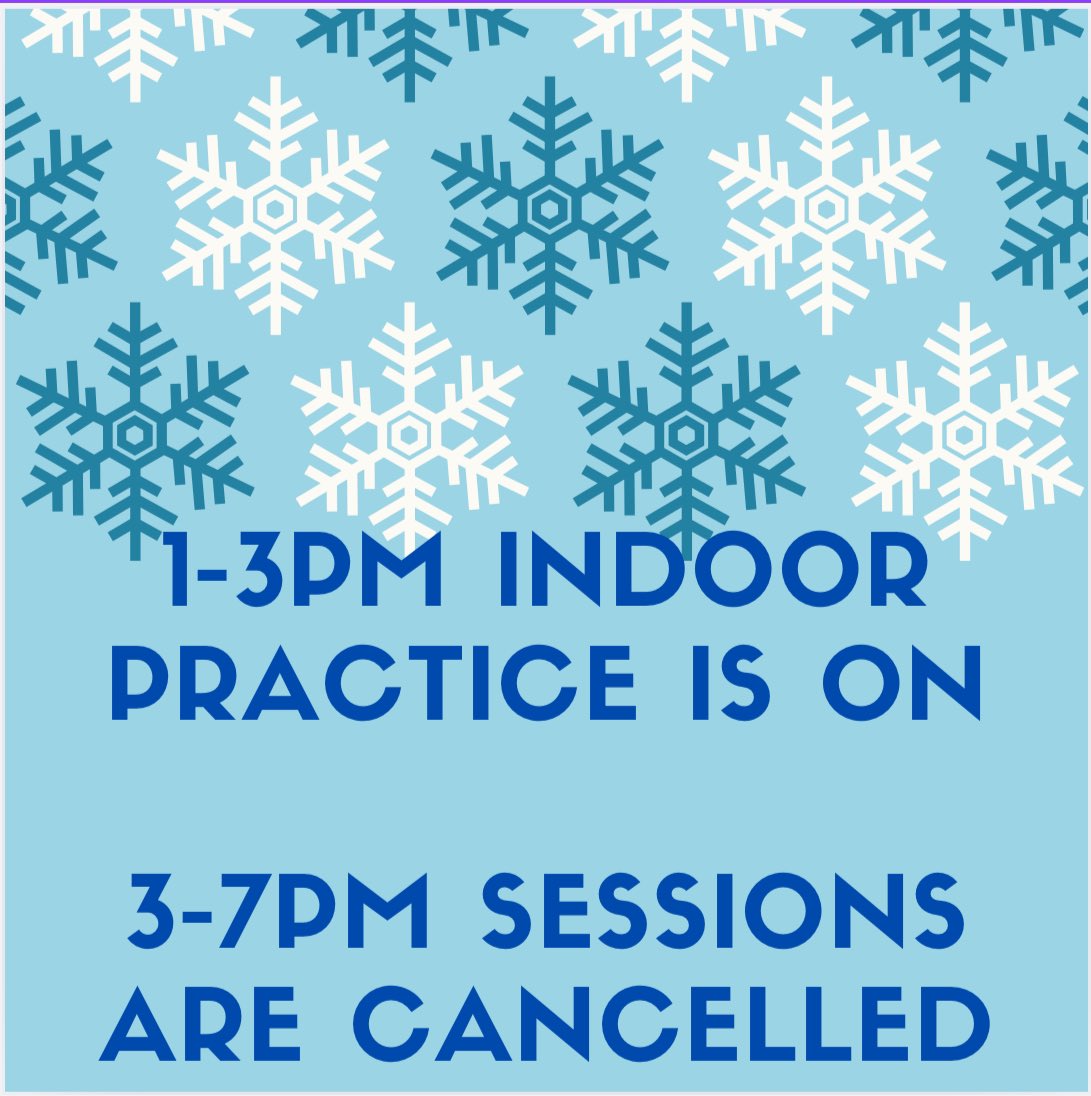 Hi all
1-3pm indoor practice is on!!
3-7pm sessions are cancelled!  

Due to incoming storm,the safety of our family’s and staff we have adjusted our sessions for today! Stay safe and enjoy the snow!⛄️❄️