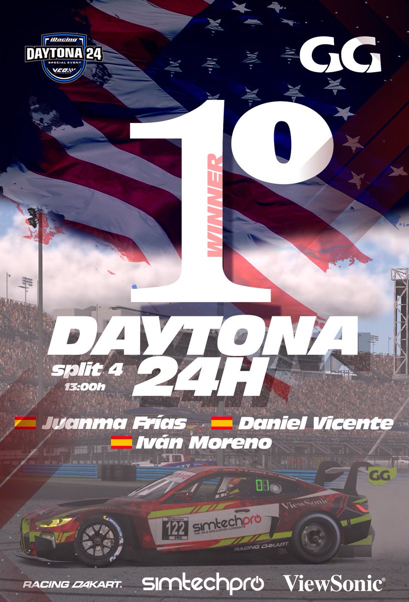 GGSimRacing's tweet image. 🏆WINNER DAYTONA 24H🏆
-
Riders: @JuanmillaA1992 @danivicenteee__ @IvanMoreno21 
-
@Simtechpro @ViewSonicES