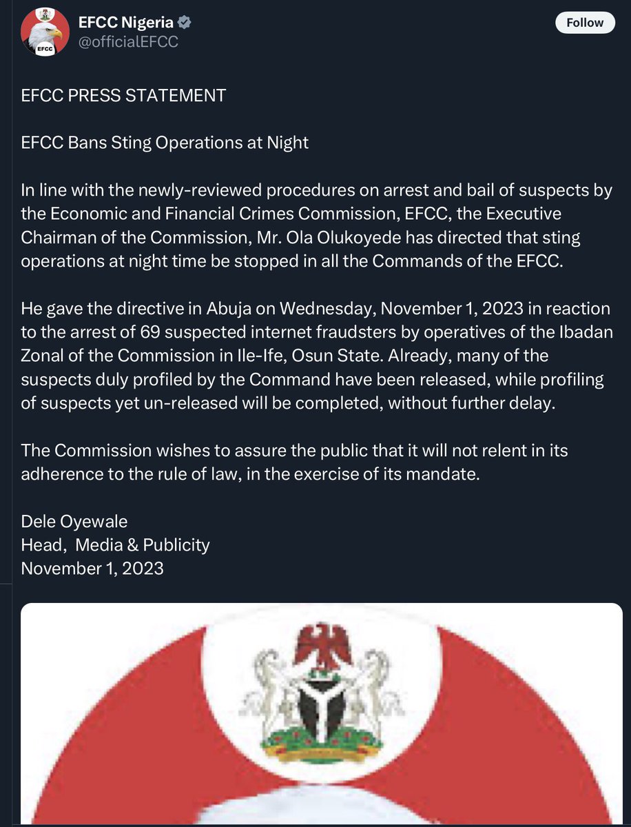 Date of Release: November 1, 2023.

The EFCC operatives were in the total wrong.