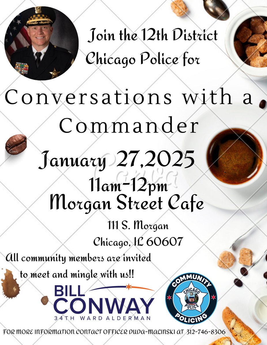 Chicago Police, 12th District Near West (@chicagocaps12) on Twitter photo <a href="/ChicagoCAPS12/">Chicago Police, 12th District Near West</a> and the 34th Ward Alderman Bill Conway invite you to "Conversations with a Commander". Our 12th District Commander James Baier will be in attendance to share his vision for our district, and the plans he has to work with the community to make our district safer. <a href="/ChicagoCAPS12/">Chicago Police, 12th District Near West</a> and the 34th Ward Alderman Bill Conway invite you to "Conversations with a Commander". Our 12th District Commander James Baier will be in attendance to share his vision for our district, and the plans he has to work with the community to make our district safer.