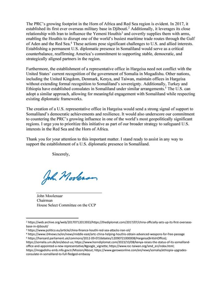 #UPDATE : An influential US-China subcommittee in the US House of Representatives is calling for the State Department to open a representative office in #Somaliland to counter rising #Chinese influence in the region.

Rep. John Moolenaar, the chairman of the House Select