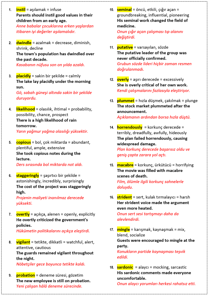 seyfihoca's tweet photo. 18 kelime, örnek cümleler, Türkçe karşılıkları ve yakın anlamlı sözcükler #yds #yökdil #eyds #ydt #vocabulary