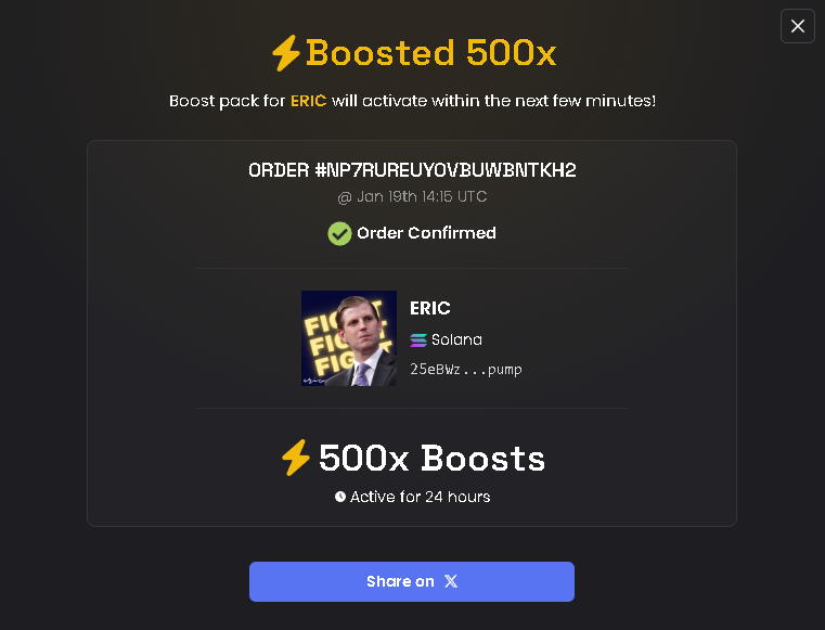 Boosted 500x. $ERIC
CA: 25eBWzm3mpqrPbeRmnu8rE37CYapU27imhitXTA2pump