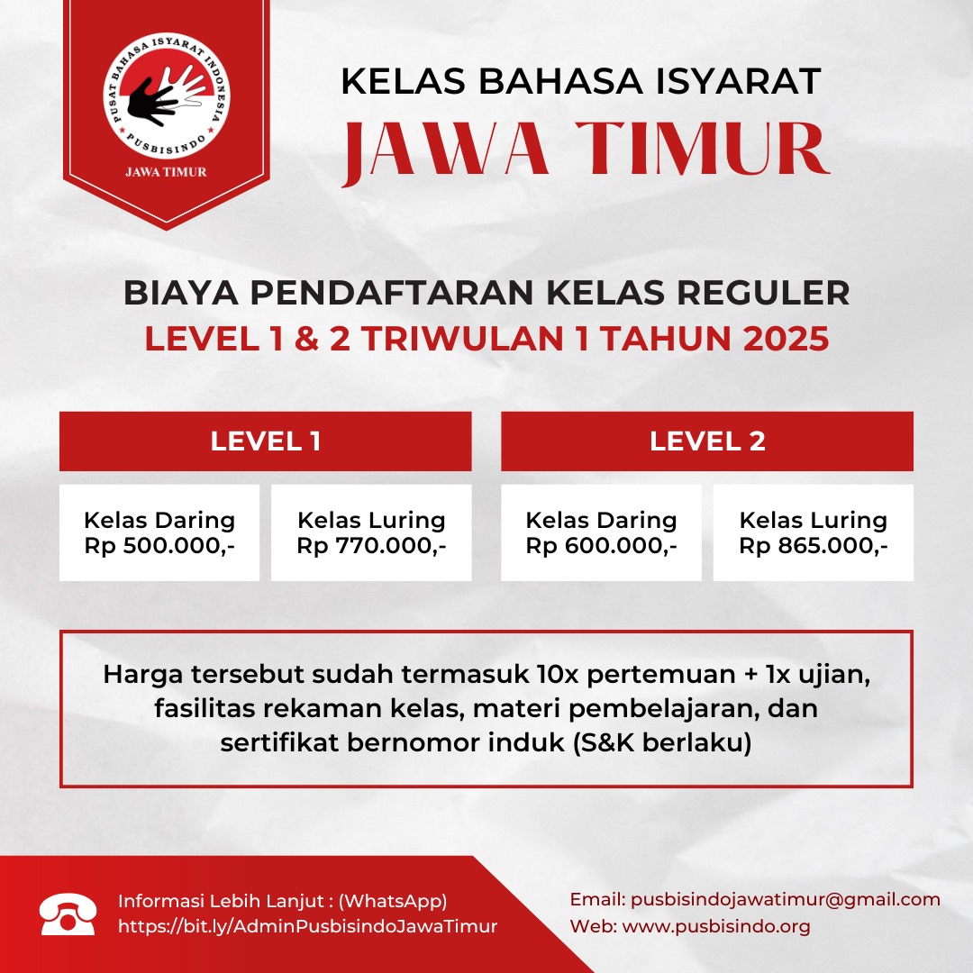 Pendaftaran kls bahasa isyarat level 1-2 area Jawa Timur telah dibuka.

Utk pendaftaran kelas bahasa isyarat Jatim, klik link : linktr.ee/KelasPusbisind…

Utk pendaftaran, pertanyaan/info lbih lanjut, bisa hubungi Pusbisindo Jatim via WA: wa.link/ngyik1

#bahasaisyarat