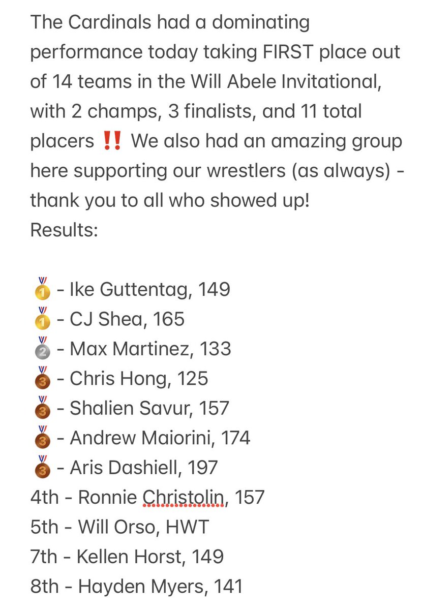 CoachDBlackWes's tweet photo. Strong day on the mat for the Cards winning the Will Abele Invitational at Ursinus College, PA. https://t.co/0ZzZqiDvgx