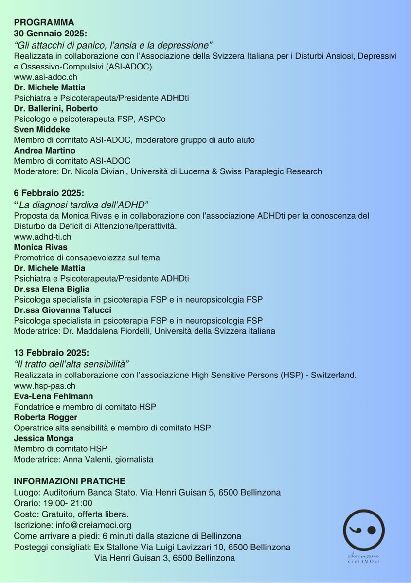 📅 DAL VISIBILE ALL’INVISIBILE🧠 📍 13 febbraio 2025, 19:00-21:00Bellinzona GRATUITO!
🎤 L’Associazione HSP Switzerland presenta il tratto dell’alta sensibilità nell’ultimo evento del ciclo sul benessere mentale di @creiamoci.
➡️ Entrata gratuita!
📩 Iscrizioni:info@creiamoci.org