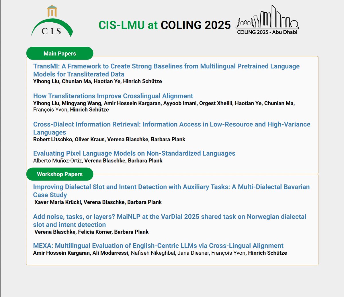 CIS, LMU Munich (@cislmu) on Twitter photo 🥳 We are happy to share that CIS will be presenting 7 papers at
<a href="/coling2025/">COLING 2025</a>
#coling2025! Find out about each of them below in the 📷🧵 🥳 We are happy to share that CIS will be presenting 7 papers at
<a href="/coling2025/">COLING 2025</a>
#coling2025! Find out about each of them below in the 📷🧵